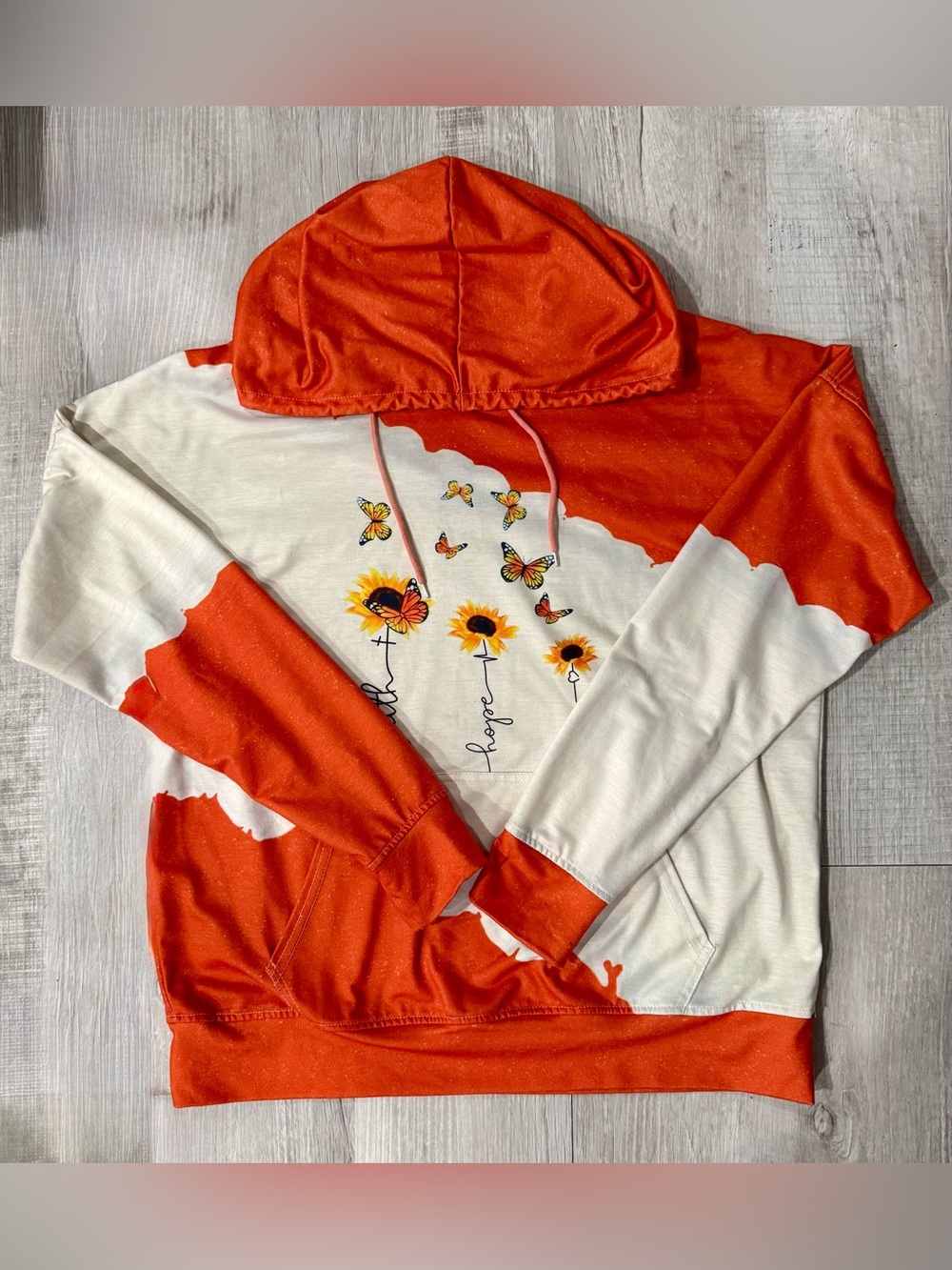 Orange and Cream Sunflower Butterfly Colorblock Hoodie Sweater